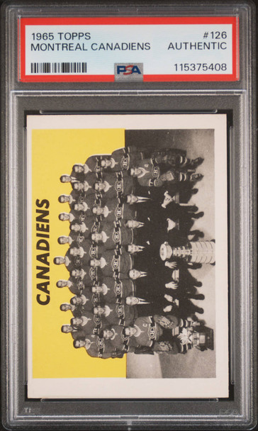 1965 Topps Montreal Canadiens #126 Montreal Canadiens PSA Authentic front of card 1965 Topps Montreal Canadiens #126 Montreal Canadiens PSA Authentic front of card