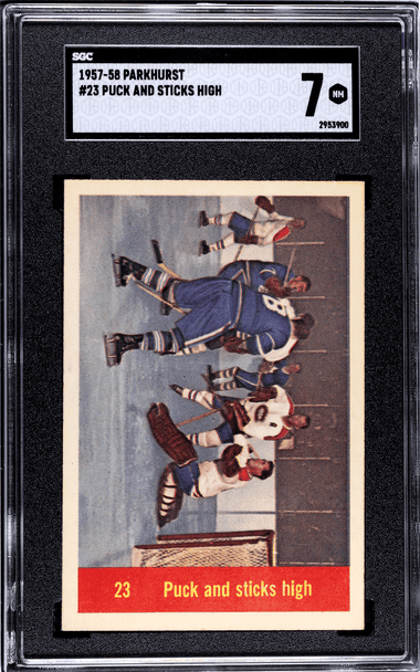 1957-58 Parkhurst Puck And Sticks High #23 Multiple SGC 7 front of card 1957-58 Parkhurst Puck And Sticks High #23 Multiple SGC 7 front of card