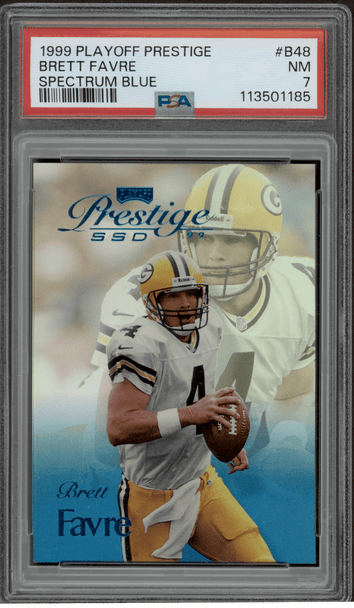 1999 Playoff Prestige Brett Favre #B48 Spectrum Blue, 210/500 Green Bay Packers HOF PSA 7 front of card 1999 Playoff Prestige Brett Favre #B48 Spectrum Blue, 210/500 Green Bay Packers HOF PSA 7 front of card