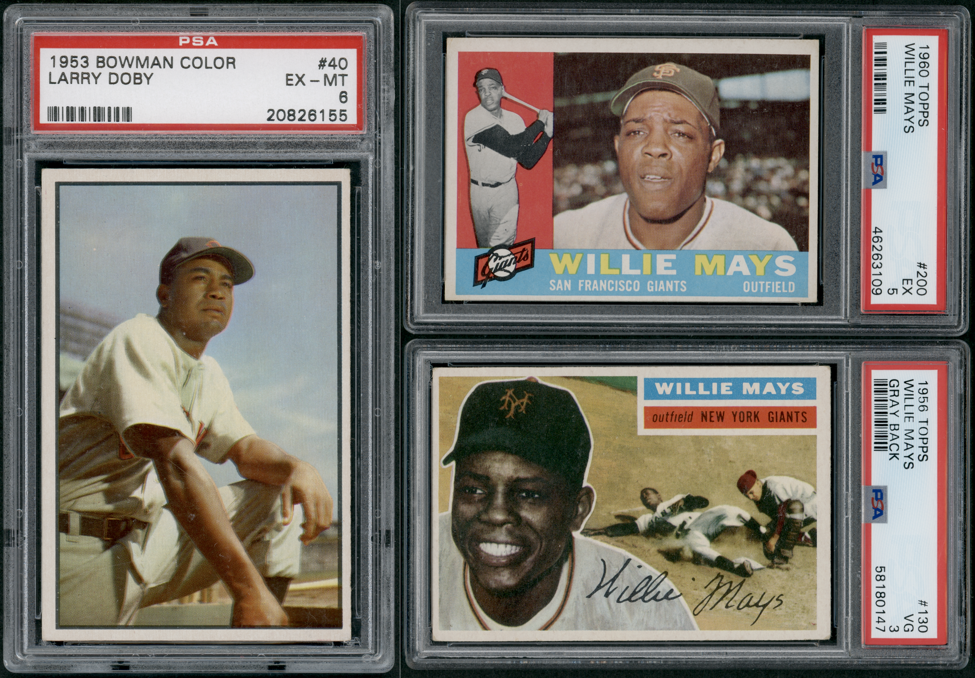 PSA 6 1953 Bowman Color Larry Doby, PSA 5 1960 Topps #200 Willie Mays & PSA 3 1956 Topps #130 Willie Mays
