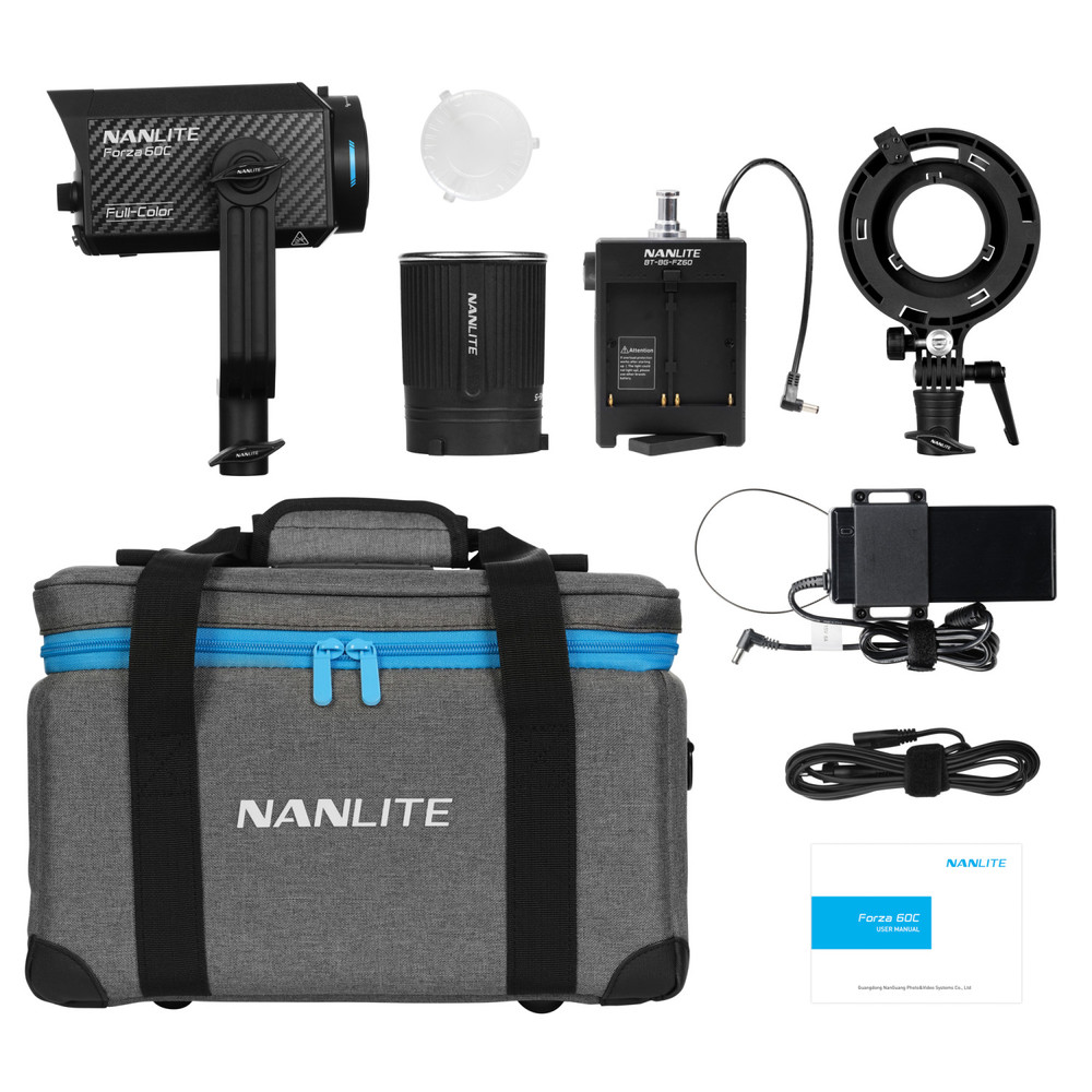 El kit monolight LED Nanlite Forza 60C RGBLAC incluye empuñadura de batería y adaptador Bowens S-Mount