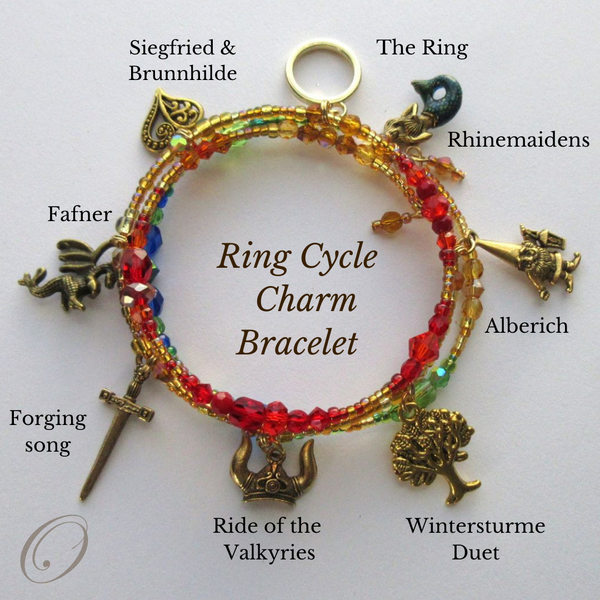 The Ring Cycle Charm Bracelet represents moments of Wagner's four part opera epic the Ring of the Nibelung through meaningful charms. This piece makes a special gift for opera fans!