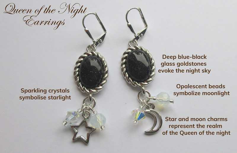 The Queen of the Night earrings evoke the iconic character from the Magic Flute by Mozart. A meaningful opera lover gift.