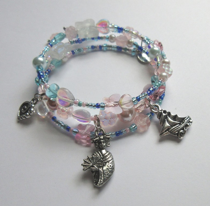 Blue and pink beads evoke Butterfly's view of the harbor and cherry trees.