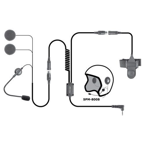 Pryme SPM800 is a Medium duty, in-helmet motorcycle mic system with powerful in-helmet speakers allow the user to hear radio transmissions over road noise. Handlebar mountable Push-To-Talk switch for convenient communications.
