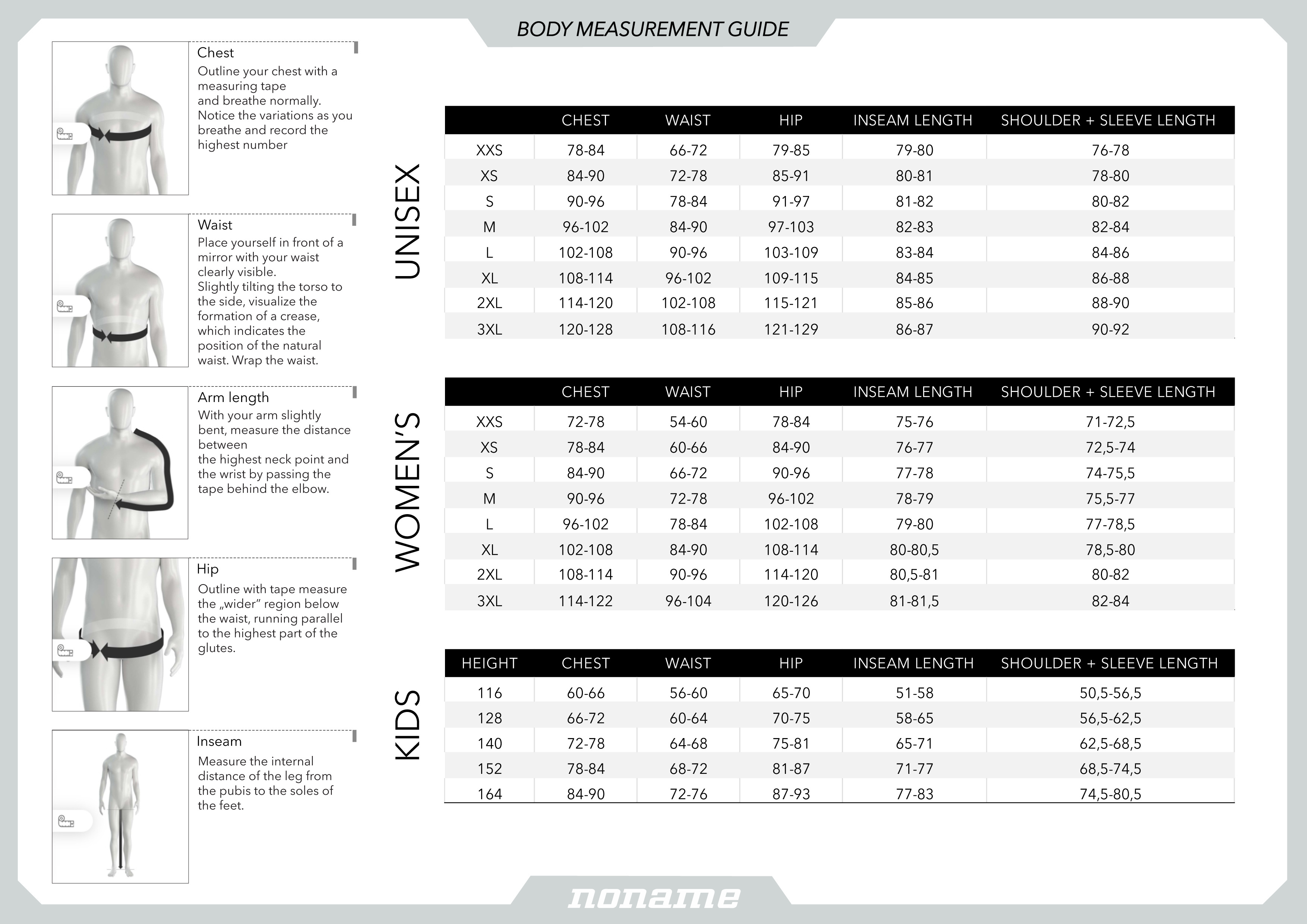 Noname Size Chart
