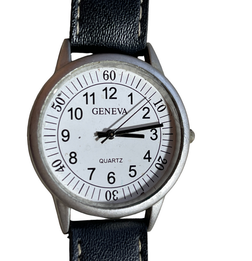 Geneva Watch White Round Face Silver Tone Black Buckle Band Minimalist bz 10z