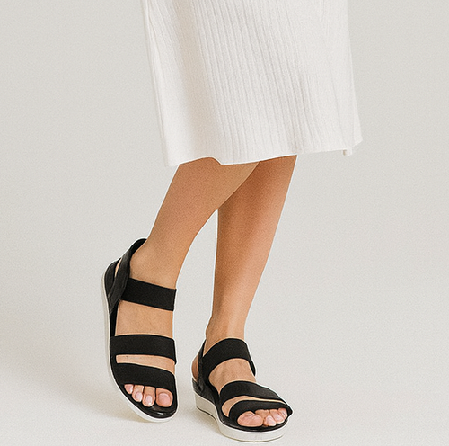 Size 11 Womens Black Strappy Comfort Sandals/Cushion Footbed/ElasticStrap pd 12z