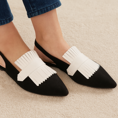 Size 8.5 Women’s Black Suede Pointed Toe Slingback Flats w/White Fringe pd 14z