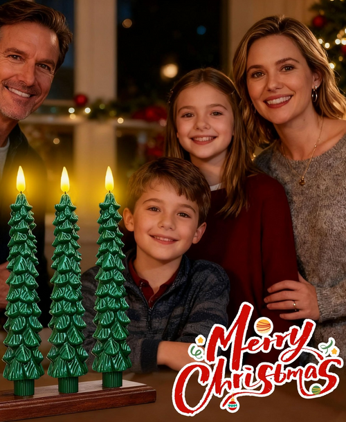3-pk LED CHRISTMAS TREE Flameless Taper CANDLES, Real Wax Take 2 AAA Battery 13z