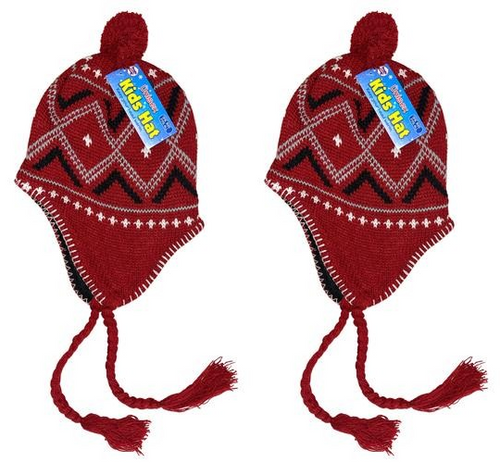 2-PK Peruvian RED Peru Winter Hat, Girls Boys, Ear Flaps, Warm Fleece Lined 14z