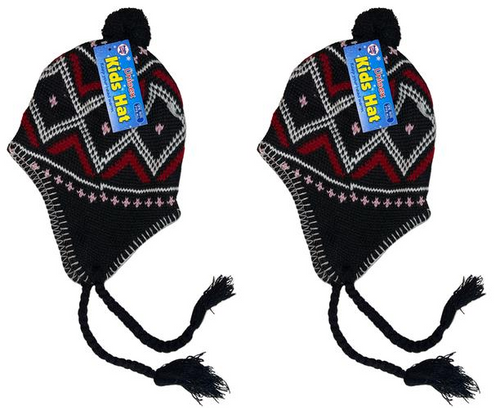 2-PK Peruvian BLACK Peru Winter Hat/Girls Boys/Ear Flaps, Warm Fleece Lined 14z