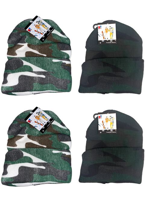 4-PK Army Camo Print Knit Hat Military Beanie Winter Cap Warm+Comfy Lt/Dark 16z