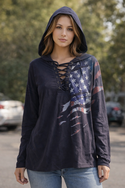 LADIES XXL USA Flag Black Lace-Up Neckline Hoodie Lightweight Spring Blouse 15z