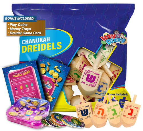 10pk Izzy 'n' Dizzy Hanukkah Dreidels PAINTED NATURAL WOOD + 3 FREE BONUSES 13zS