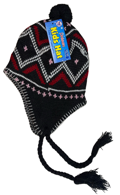 Peruvian Peru Winter Hat, Girls Boys, Ear Flaps, Warm Fleece Lined- Black 9z