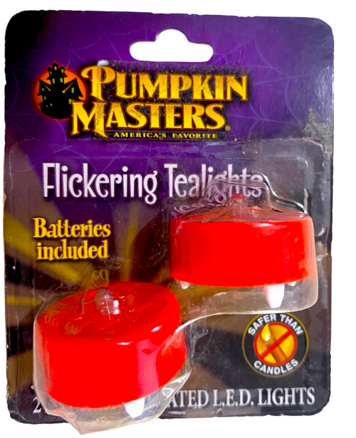 2pk Pumpkin Masters Flickering Tea Lights w/Fresh Batteries+Inside Grippers 9z