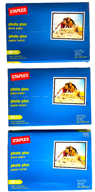 (3) 60-Sheet Packs (180 Sheets) of Staples Photo Plus Gloss Paper 4in x 6in /20z