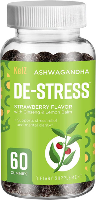 KelZ Ashwagandha De-Stress Supplement Gummies-Strawberry Flavor-60 Count 525 15z