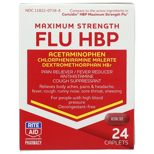 24 caplets Rite Aid Maximum Strength Flu HBP (High Blood Pressure) exp 3/25 9z