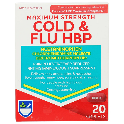 20 Caplets Rite Aid Maximum Strength Cold and Flu HBP (HighBloodPress)  10/24 9z