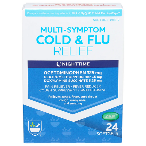 24 softgels Rite Aid Multi-Symptom Cold & Flu Relief Nighttime  exp 4/25 9z