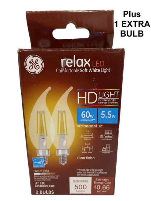 THREE-PACK GE Relax LED Light Bulbs, 5.5w=60w, Soft White HD Light E12 base 11z