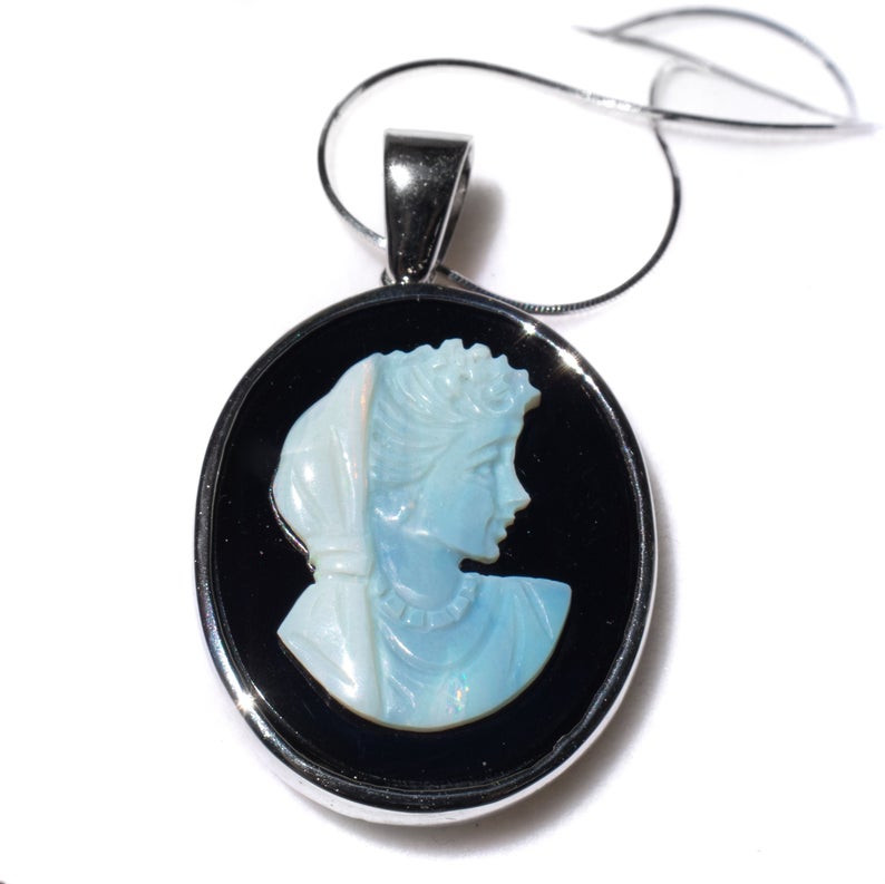 Australian Opal Cameo on Black Onyx 18K Pendant with Chain