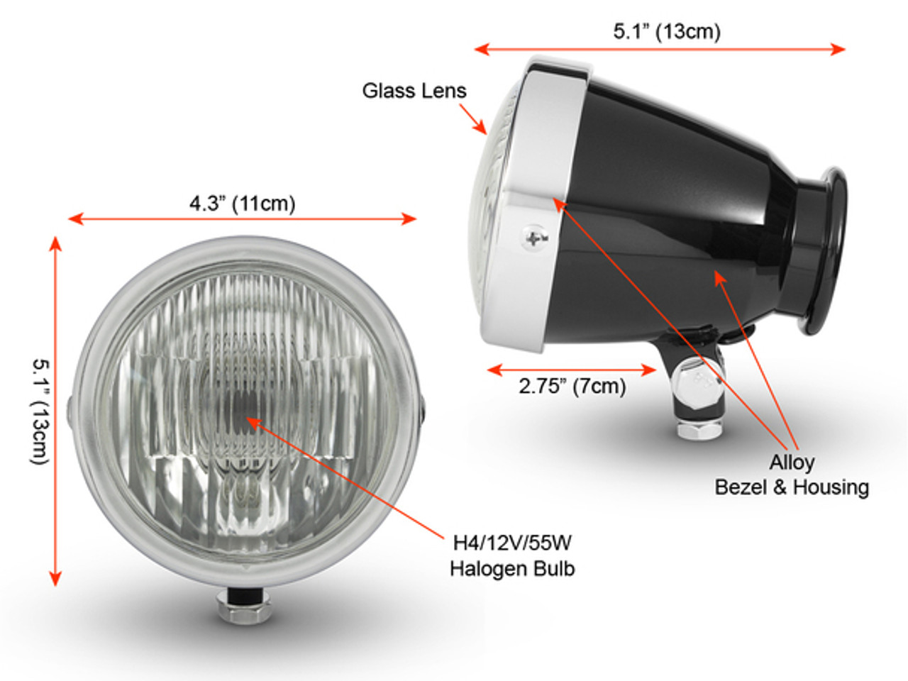 Gloss Black with Chrome Bezel 4.5 Vintage Style Custom Retro Motorcycle Headlight Gloss Black with Chrome Bezel 4.5 Vintage Style Custom Retro Motorcycle Headlight