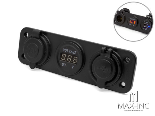 Universal Panel Mount 12v Socket + Twin USB + Voltmeter Power Supply