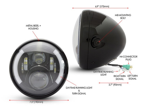 Gloss Black Motorcycle 7 inch Headlight Shell | 7 inch lens 7.75" overall OD  All Steel |  Bucket ONLY