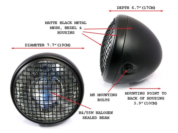Wire Mesh Motorcycle Headlight | 7" Lens H4 DOT | 7.75 " overall ID Wire Mesh Motorcycle Headlight | 7" Lens H4 DOT | 7.75 " overall ID