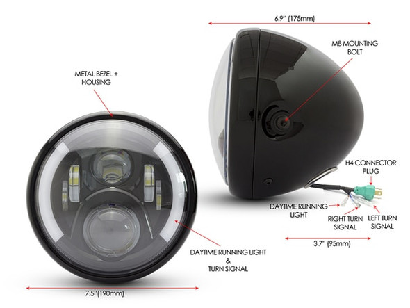 7" LED Projector Headlight Lens | Integrated turn Signal | Black Bucket | Complete 7" LED Projector Headlight Lens | Integrated turn Signal | Black Bucket | Complete