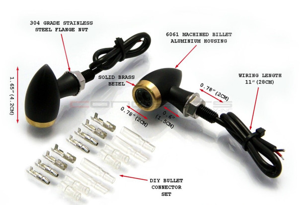SpeedMotoCo Chubby Matte Black W/ Brass Micro Led Turn Signals / 

These High Quality Turn Signals Are Machined From Solid 6061 Billet Aluminium. 

They Feature A Super Bright Single High Powered Amber Cree Led Chip With A Projector Lens

 These Are One Of The Smallest And Brightest Turn Signals On The Market 




The Specs!

12 Volt
1 X High Powered 3W Cree Led Chip
Projector Lense
6061 Machined Billet Aluminium Housing
Solid Brass Bezel
Anodized Matte Black
Universal Fitment
Package Includes: 2 X Turn Signals + Bullet Connector Set