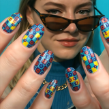 MUKA, letsmuka, Soft Anatomic Nails, Nail friendly manicure, Forget-Me-Yes, flowers, flower, flora, nature, simple, pattern, checkered, checkered pattern, blue, navy, navy blue, red, forget-me-not,