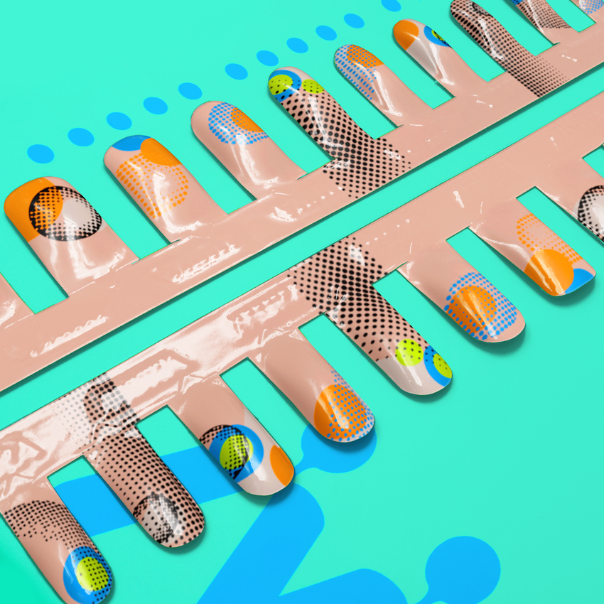 MUKA, letsmuka, Soft Anatomic Nails, Nail friendly manicure, Fine Print, raster, circles, circle, nude, blue, orange, abstract, geometric,