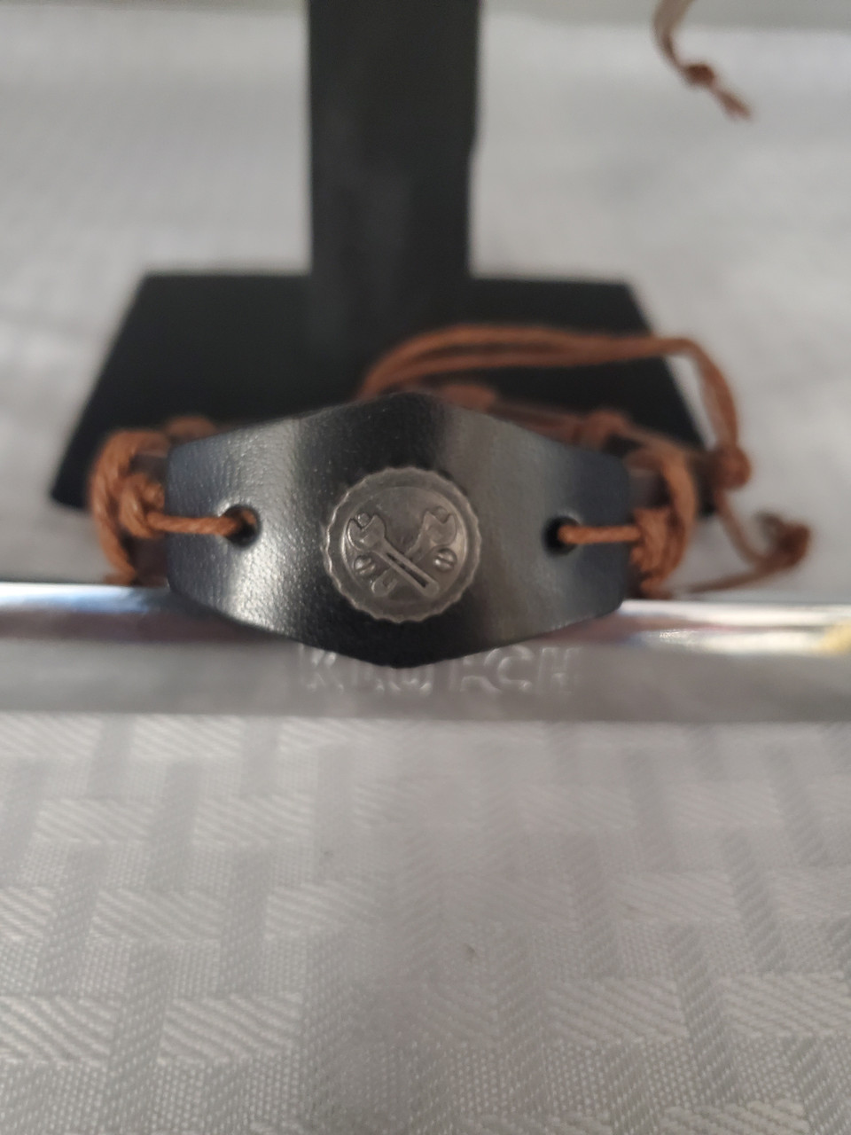 Brown String and Leather Wrench Bracelet - Adjustable - Greasy