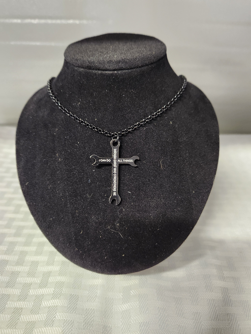 Wrench Cross Black Necklace - 20"