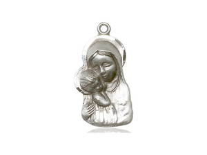 Sterling Silver Madonna & Child Pendant, Lite Curb Chain, 7/8" x 1/2"