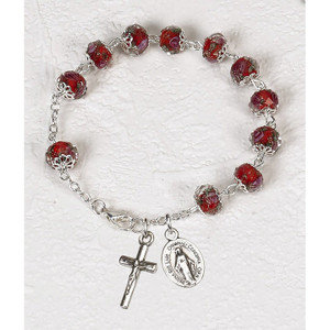 Red Crystal Rosary Bracelet with Pink Rose Painted Beads 108-16-5012 Red Crystal Rosary Bracelet with Pink Rose Painted Beads 108-16-5012
