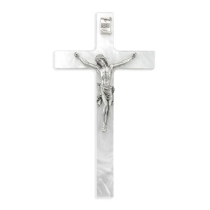7" Pearlized White Cross with Pewter Corpus 7" Pearlized White Cross with Pewter Corpus