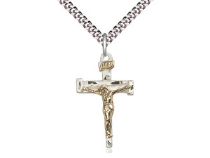 Two-Tone GF/SS Nail Crucifix Pendant, Lite Curb Chain, 1 1/8" x 5/8"