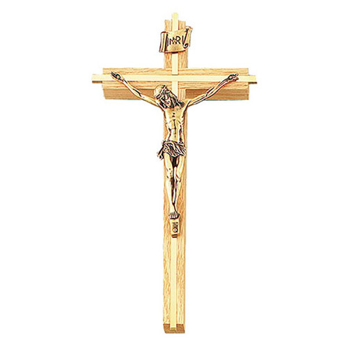 10" Oak Crucifix with Gold Plated Inlay, 4.5" Antique Gold Fini