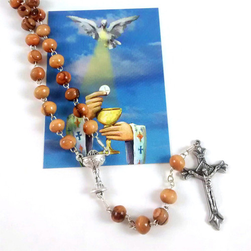 First Communion Olive Wood Bead Rosary