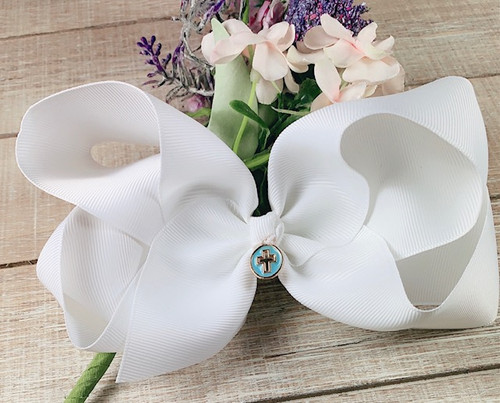White Clip-In Hair Bow with Blue Enamel Cross Charm