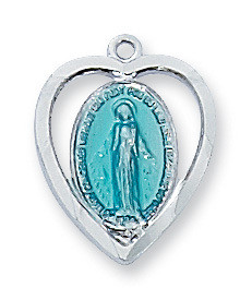 Sterling Silver Blue Miraculous Heart Shaped Medal L426ME