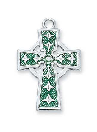 Sterling Silver Green Celtic Cross L8083E