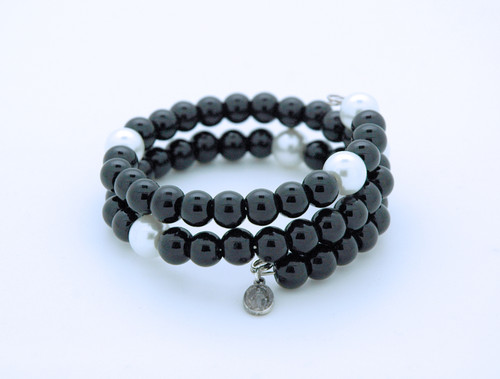 Black Glass Pearl Rosary Bracelet on Memory Wire