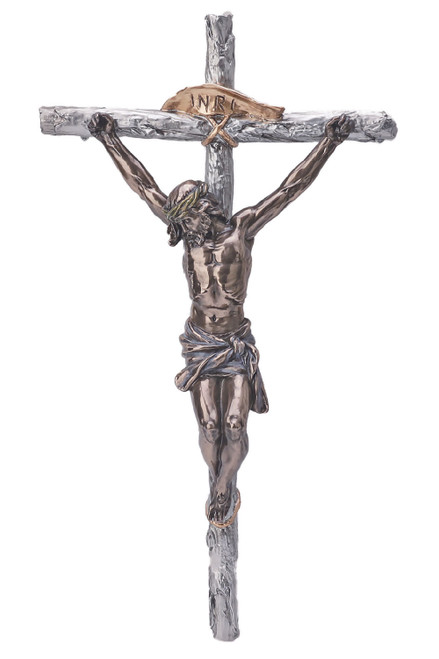 Crucifix with Cold Cast Bronze Corpus on Pewter Style Cross with Gold Highlights