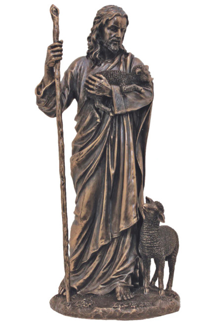 SR-75046 Good Shepherd in Lightly Hand-Painted Cold Cast Bronze